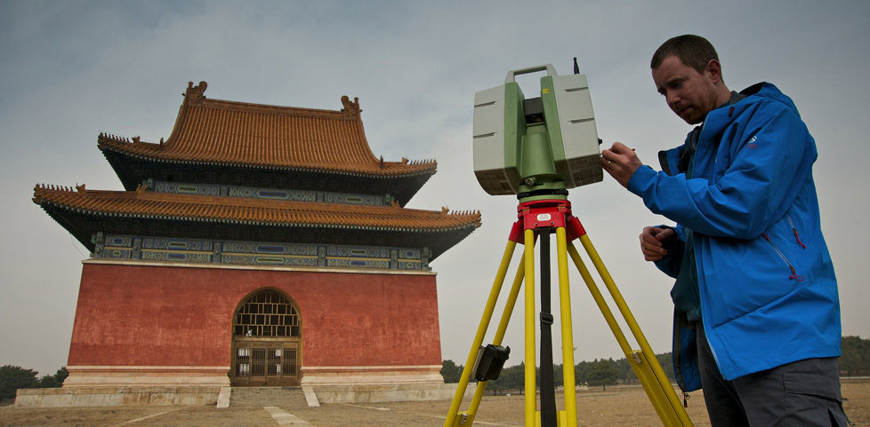 A person laser scanning the Eastern Qing tombs in China