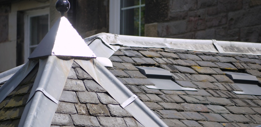 A detailed close up of a slate roof