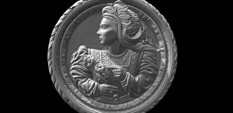 A 3D scan of a historic carving featuring a woman